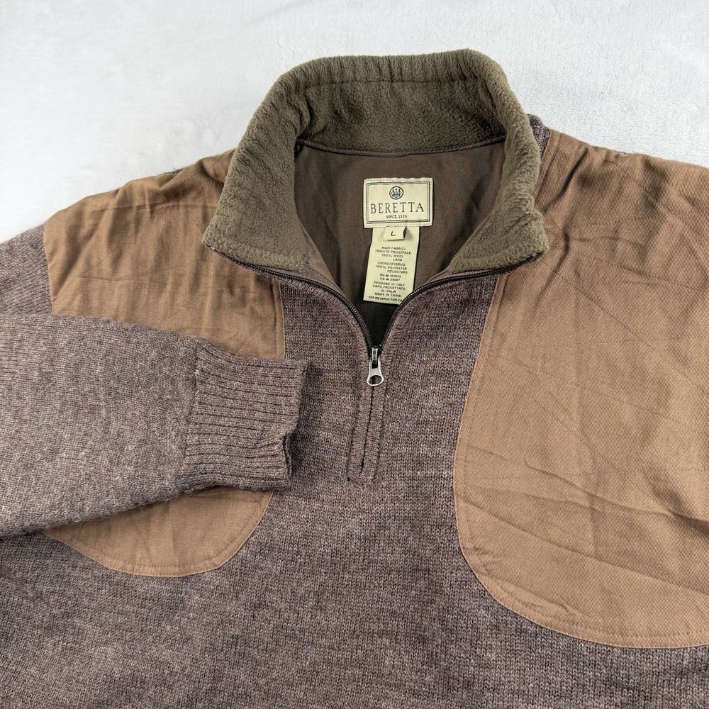 Beretta Sweater Mens L Windstop 100% Wool 1/4 Zip Pullover Shooting Hunting Pads